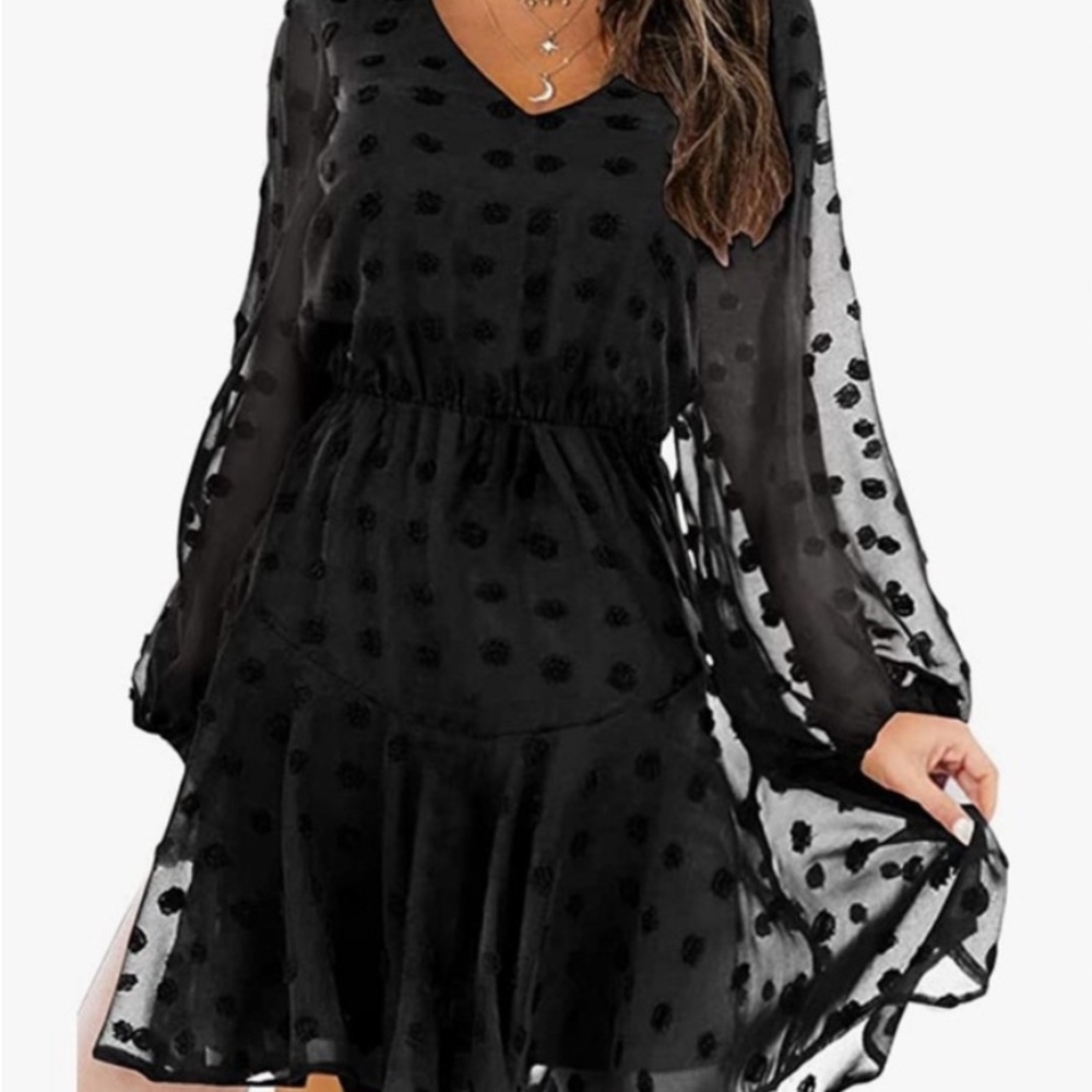 A-Line Sheer Sleeve Polka Dot Dress